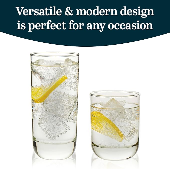 Libbey Drinking Glasses Polaris Tumbler and Rocks Set of 16, Clear, Sturdy Drinkware Glasses Set, Kitchen Glassware for Cocktails, Soda, and More