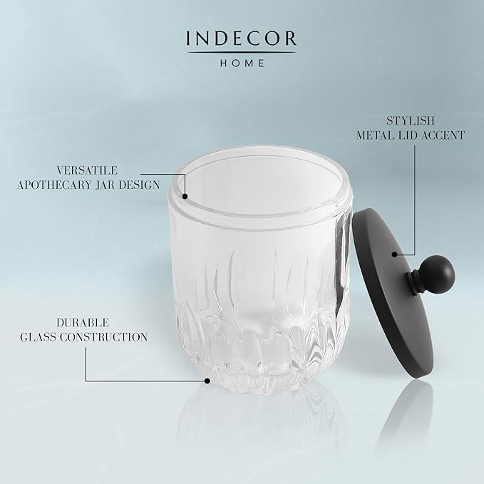 Glass Jar with Metal Lid for Bathroom Organization, Clear Apothecary Jar for Cotton Balls, Q Tips, and Small Accessories, Stylish Bathroom Storage Container Black