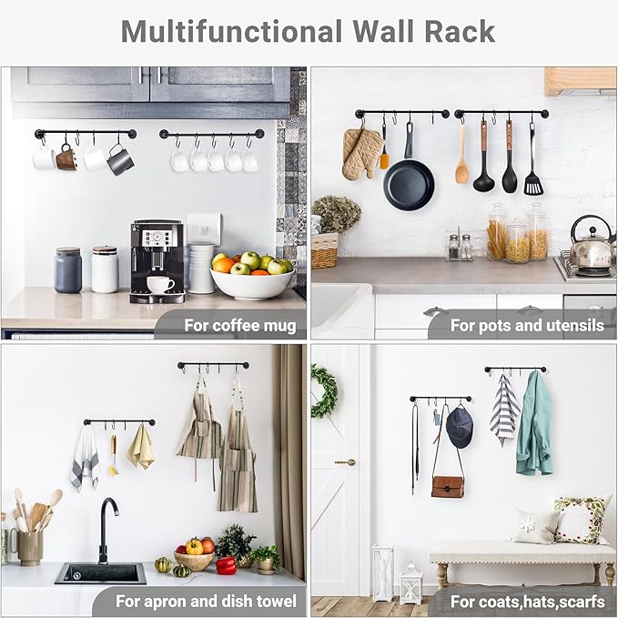 Mkono Mug Holder Wall Mounted Coffee Cup Rack Hanger Modern Metal with 10 Mug Hooks Rustic Utensil Tea Cups Storage Organizer for Kitchen Dining Room Coffee Bar, Set of 2, Black