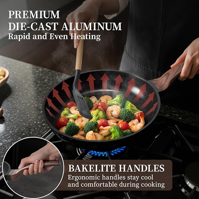 Kikcoin 16Pcs Ceramic Pots and Pans Set Non Stick, Includes a 9.5" Grill Pan, Induction Kitchen Cookware Sets, Black Nonstick RV Kitchen Camping Cooking Sets Stackable (PTFE, PFOS, PFOA Free)