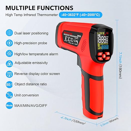 MESTEK Infrared Thermometer Temperature Gun, -40℉~3632℉, Non Contact Digital Laser Thermometer Gun Industrial Pyrometer 50:1 High Temp Thermometer with Color LCD Display, Adjustable Emissivity