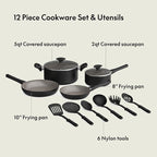 bella 12 Piece Cookware Set with EverGood™ Ceramic Nonstick Coating, Dishwasher & Oven Safe, All Stovetops Compatible, Tempered Glass Lids and Cool Touch Handles, Black
