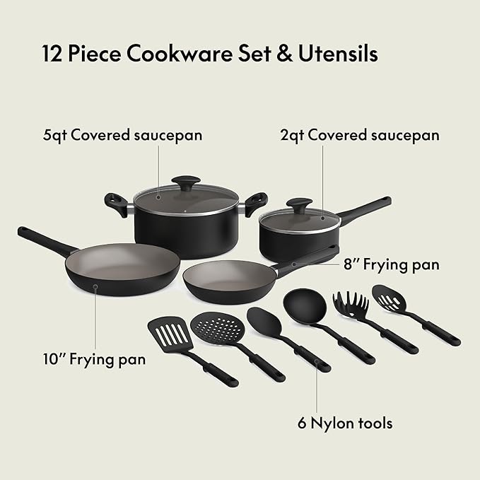 bella 12 Piece Cookware Set with EverGood™ Ceramic Nonstick Coating, Dishwasher & Oven Safe, All Stovetops Compatible, Tempered Glass Lids and Cool Touch Handles, Black