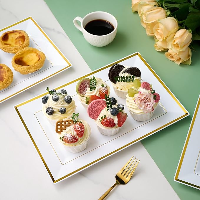 FOCUSLINE 8 PCS Plastic Serving Trays, White and Gold Rim Plastic Serving Platters, Disposable Tray for Food, Perfect for Wedding Parties