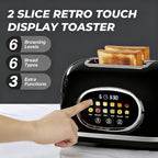 Roter Mond 2 Slice Toaster Smart Touch Screen, Retro Stainless Steel Bread Toaster with Digital Timer, Sleep Mode, Bagel, Cancel, and Defrost Functions, 6 Bread Types and Shade Settings, Black