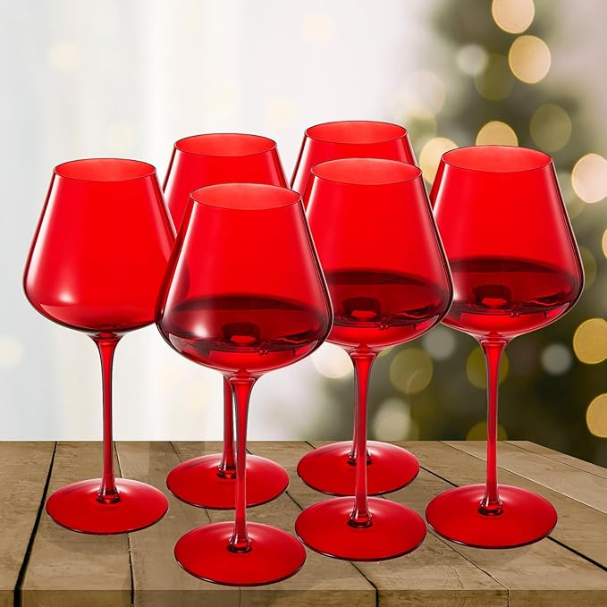 Red Ruby Crystal Wine Glasses Set of 6 | Elegant 20oz Tall Drinkware | Festive Holiday & Christmas Glassware for Hosting and Gifting | Sophisticated Italian-Inspired Barware for Wife, Mom, or Friend