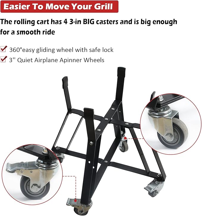 Dracarys Rolling Cart for Big Green Egg Accessories Rolling Nest with Heavy Duty Locking Caster Wheels Powder Coated Steel Rolling Outdoor Cart for Large Big Green Egg Kamado Joe Grill Stand