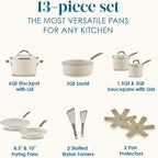 Rachael Ray Cucina Ceramic Cookware Set - 13 Pieces - Ceramic Pots and Pans Set w/Nonstick Frying Pans, Saute Pan, Saucepans, Stockpot, Lids, Pan Protectors & Cooking Utensils - Almond