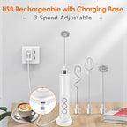 Rechargeable Milk Frother Handheld with 3 Detachable Stainless Steel Whisks, 3 Speed Adjustable Electric Whisk Foam Maker, Handheld Drink Mixer, Frother Wand for Coffee, with Storage and Charging Base