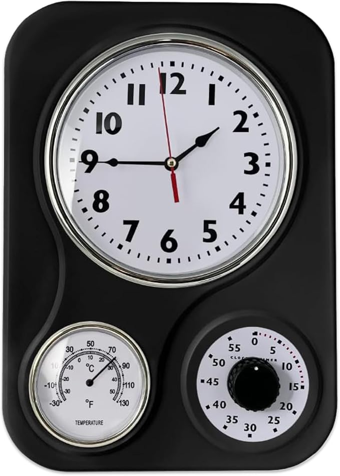 Lily's Home - 9.5 Inch x 12.5 Inch - Retro Kitchen Wall Clock, Vintage Wall Clock with a Thermometer and 60-Minute Timer, Ideal for Any Kitchen, Office, or Diner (Black)