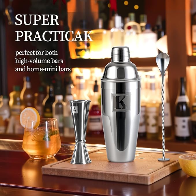 24oz Cocktail Shaker Set with 1 oz 2oz Jigger - Monogramm Initials Martini Shaker Set - 304 Stainless Steel Bar Shaker for Margarita,Mojito-Personalized Gift for Friend,Husband-S