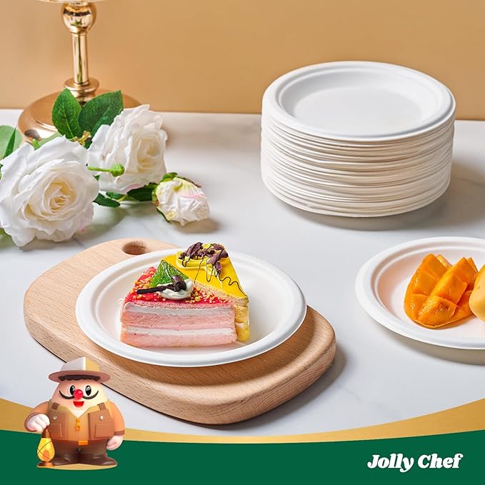 JOLLY CHEF 100% Compostable Small Paper Plates, 200 Pack 6 Inch Heavy Duty Dessert Plates, Disposable Biodegradable Eco-Friendly Sugarcane, Bulk White