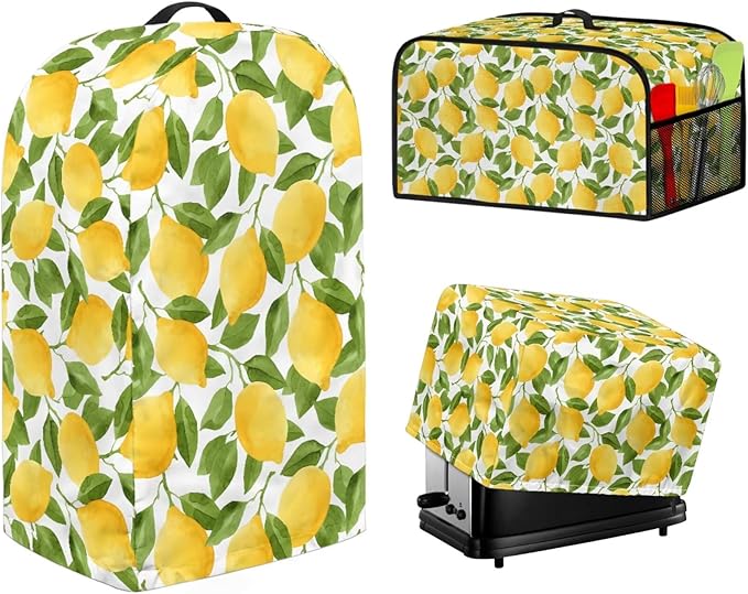 Lemon Kitchen Appliance Cover Set Waffles Maker Oven Dust Food Processor Hood Lightweight Slow Cooker Dust Covers with Side Pockets 3PCS