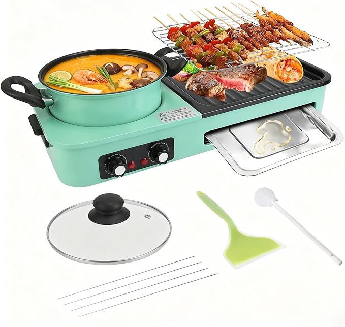 3 in 1 Electric Hot Pot with Grill Smokeless Non-Stick Pot and Griddle for Korean BBQ Grill Shabu Shabu Pot Divider Independent Dual Temperature Control for 3-5 People（1600W）