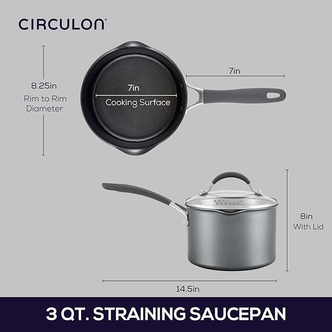 Circulon A1 Series w/ ScratchDefense Nonstick Induction Straining Sauce Pan with Lid, 3-Quart, Saucepan with Pour Spout, Graphite