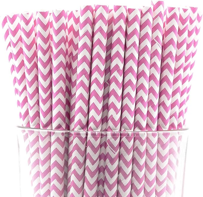 Pack of 300 Baby Pink Chevron Biodegradable 4-Ply Paper Drinking Straws (Compostable, Non-toxic, BPA-free)