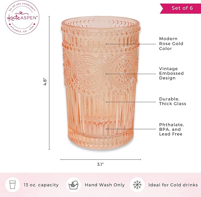 Kate Aspen Vintage Textured Rose Gold Striped Drinking Glasses Set of 6, (13 oz) Ribbed Glassware Set | Cocktail Set, Ice Tea Glasses, Juice Glass, Water Cups
