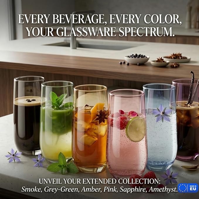 Amber Drinking Glasses Set of 6 | Translucent Yellow Glassware | 16 oz Amber Glass Cups | Highball Drinkware for Cocktails, Long Drink, Mojito, Juice, Soda | Modern Sun-Tinted Drinkware