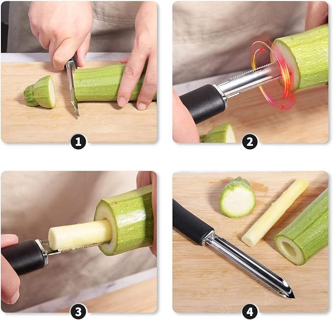 Jalapeno Pepper Corer & Zucchini/Cucumber Corer, Set of 2, Newness Stainless Steel Core Deseeder Kitchen Tool with Serrated Slice and Rubber Handle, Easy for Seed Remover or Slice off Vegetables tops