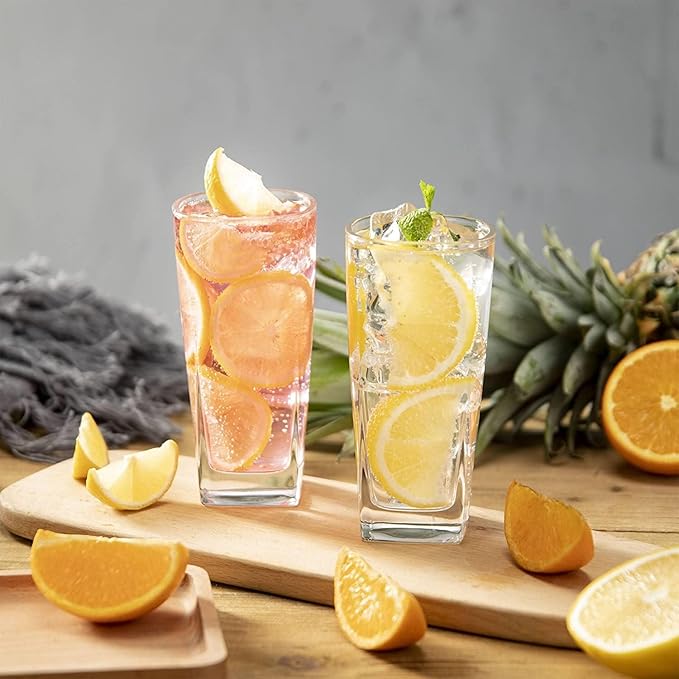 Le'raze Set of 4 Everyday Drinking Glasses - Square Tall Glass Cups Drinkware Kitchen Collins Glasses for Cocktail, Iced Coffee, Beer, Ice Tea, Wine, Whiskey, Water Glassware Sets