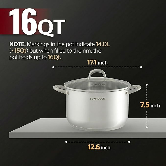 SUNHOUSE Stainless Steel Stock Pot - 16 Quart Heavy-Duty Induction Cooking Pot with Visible Lid for Pasta, Soup, Spaghetti - Nonstick Thick-Bottom Deep Stockpot for Canning, Boiling, and Simmering
