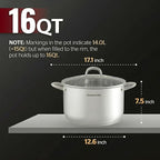 SUNHOUSE Stainless Steel Stock Pot - 16 Quart Heavy-Duty Induction Cooking Pot with Visible Lid for Pasta, Soup, Spaghetti - Nonstick Thick-Bottom Deep Stockpot for Canning, Boiling, and Simmering