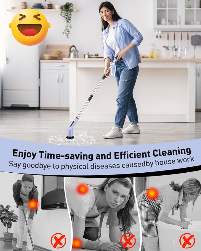 Electric Spin Scrubber for Cleaning Bathroom, Shower Scrubber Cordless Cleaning Brush with IPX7 Waterproof & 2 Speed, 3 Brush Heads, Bathroom Cleaning Supplies for Shower Tub Tile Toilet Purple