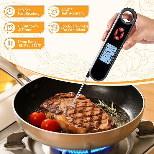Meat Thermometer Digital with Countdown & Timer for Kitchen and Outside, Beef, BBQ, Turkey, Candy. with Foldable Probe - FDA-Compliant Chromium Content and Backlight