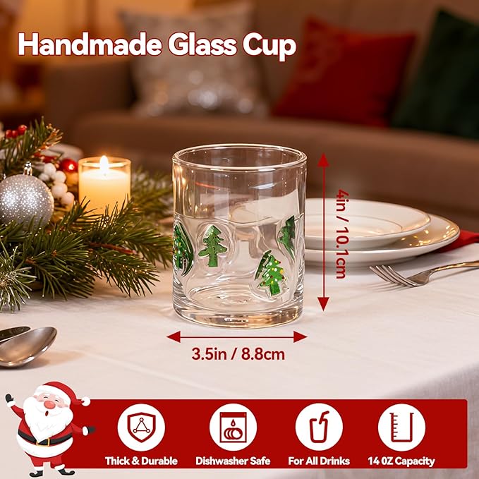 2 Pcs Handmade Christmas Tree Icon Juice Glass Cup, 14 oz Double Old Fashioned Stemless Wine Cocktail Drinking Glass Cup for Holiday Party Supplies Xmas Gifts