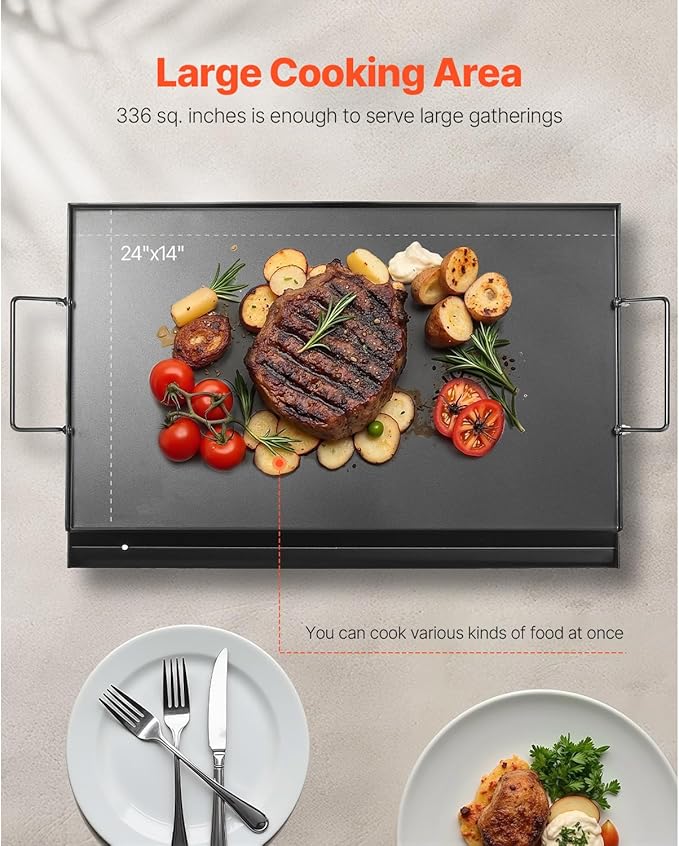 VEVOR Carbon Steel Griddle, Flat Top Plate, Griddle for BBQ Charcoal/Gas Gril with 2 Handles, Rectangular Flat Top Grill with Extra Drain Hole for Tailgating and Party