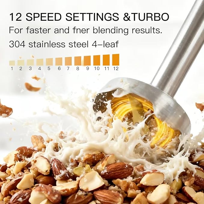 MegaWise Stainless Steel Titanium Reinforced 3-in-1 Immersion Hand Blender, Powerful with 80% Sharper Blades, 12-Speed Corded Blender, Including Whisk and Milk Frother (3-in 1 Black)