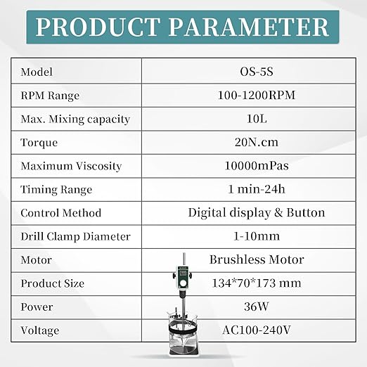 OS-5S Digital Overhead Stirrer 10L(H₂O) Lab Stirrer Flat-Base Stainless Steel Stand & 2 Stirring Paddles & Beaker Holder | 100-1200RPM,10000 mPas,Timing 1min-24h