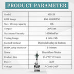 OS-5S Digital Overhead Stirrer 10L(H₂O) Lab Stirrer Flat-Base Stainless Steel Stand & 2 Stirring Paddles & Beaker Holder | 100-1200RPM,10000 mPas,Timing 1min-24h