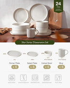 Famiware Star Dinnerware Set with Mugs, Service for 6 (24 Pieces), Ribbed Stoneware Plates and Bowls Dishes Sets - Chip & Scratch Resistant, Microwave & Dishwasher Safe, Matte White