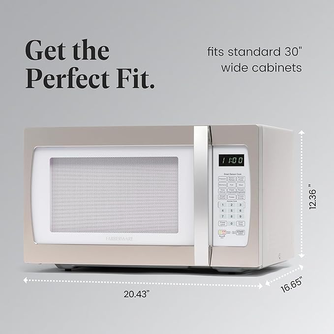 Farberware 1.3 Cu. Ft. Countertop Microwave Oven – 1100 Watts Power, Smart Sensor Auto Cook Settings, Defrost, Easy Clean and Child Safety Lock - White Platinum