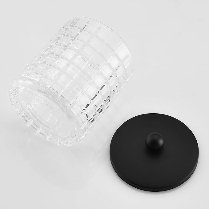 Glass Cotton Jar Holder Matte Black Lid, Elegant Bathroom Storage Canister for Qtips, Cotton Balls, Floss, Makeup Organizer, Vanity Bathroom Organization