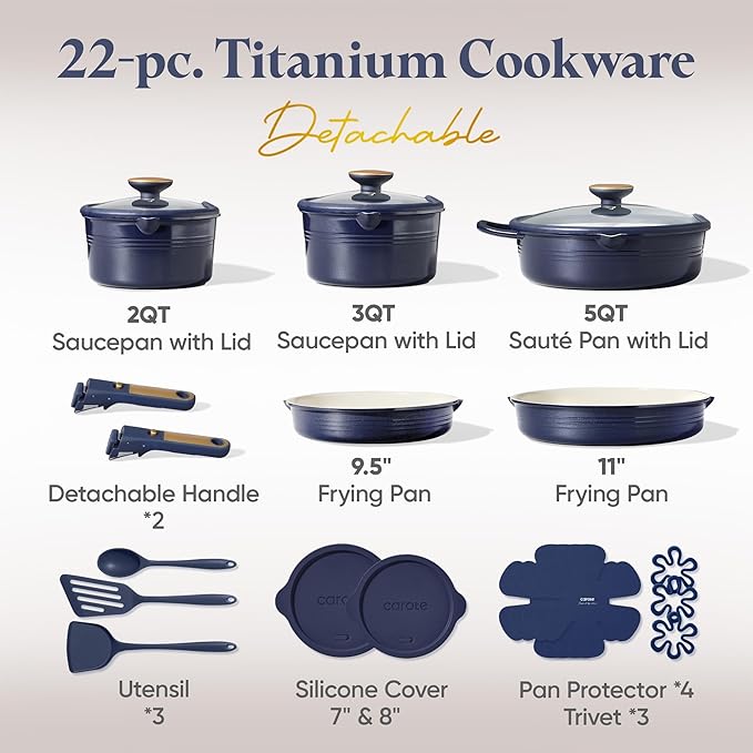 CAROTE 22Pcs Titanium Cookware Set, Pots and Pans Set Non Stick, Kitchen Cooking Set with Detachable Handle, Non Toxic Induction Cookware, Dishwasher/Oven Safe，Blue