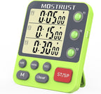 Digital Dual Kitchen Timer, 3 Channels Countdown Triple Timer for Cooking, Magnetic Memory-Preset Large-Display Adjustable Alarm Volume, Multi Times Management, 3A Battery Included, Green