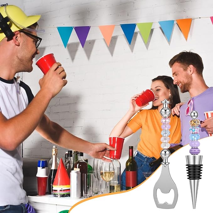 20 Pcs Beadable Wine Stoppers and Beer Openers Bulk, Reusable Alloy Decorative Bottle Stopper, DIY Craft Beer Opener Set for Spring, Summer, Fall, Halloween, Christmas, Party Favor Gifts