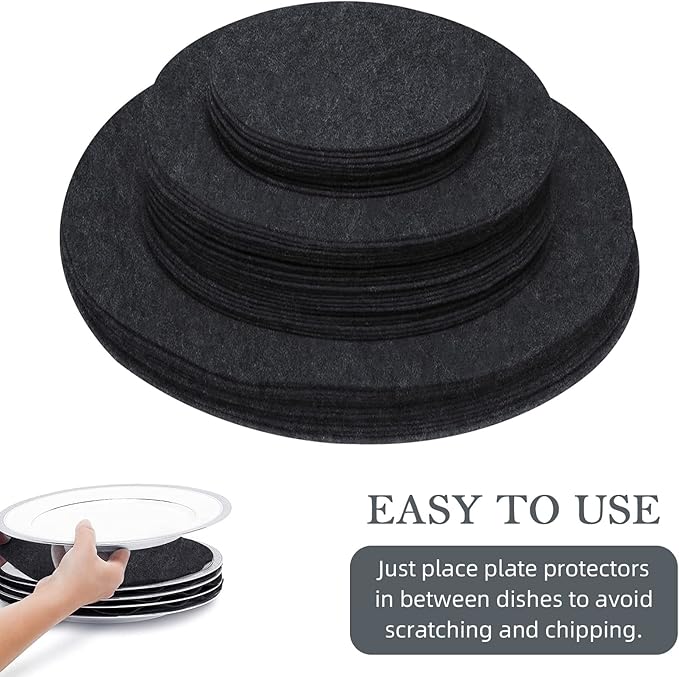 96 Pack Felt Plate Dividers Protectors, Thick Felt Round Plate Separators Pads China Dish Storage Protectors Pads with 3 Sizes for Packing Stacking Porcelain Cookware, Black