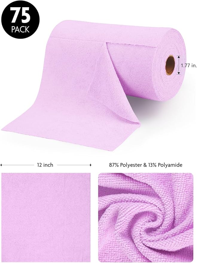 Fantasticlean Microfiber Cleaning Cloth Roll -75 pack, Tear Away Microfiber Towels, 12" x 12", Reusable, Washable, Scratch Free, Ultra Absorbent Dishcloth for Home Supplies, Car, Pet, Kitchen (Purple)