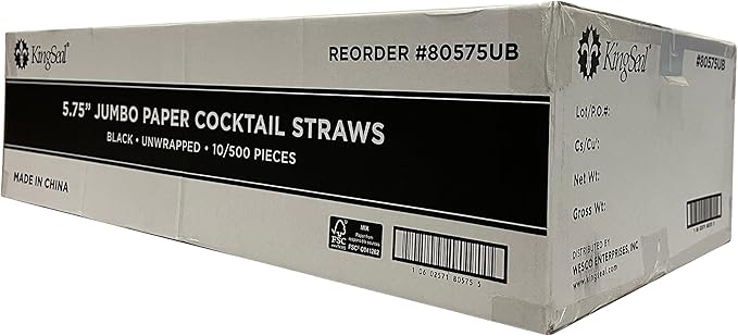 5,000 Count | Kingseal FSC Certified Paper Cocktail Drinking Straws, Stirrer, Unwrapped, BLACK, 5.75 Inch Length x 6mm Diameter, "Jumbo" Size, Biodegradable, Earth Friendly, Bulk Pack - 10 Boxes x 500
