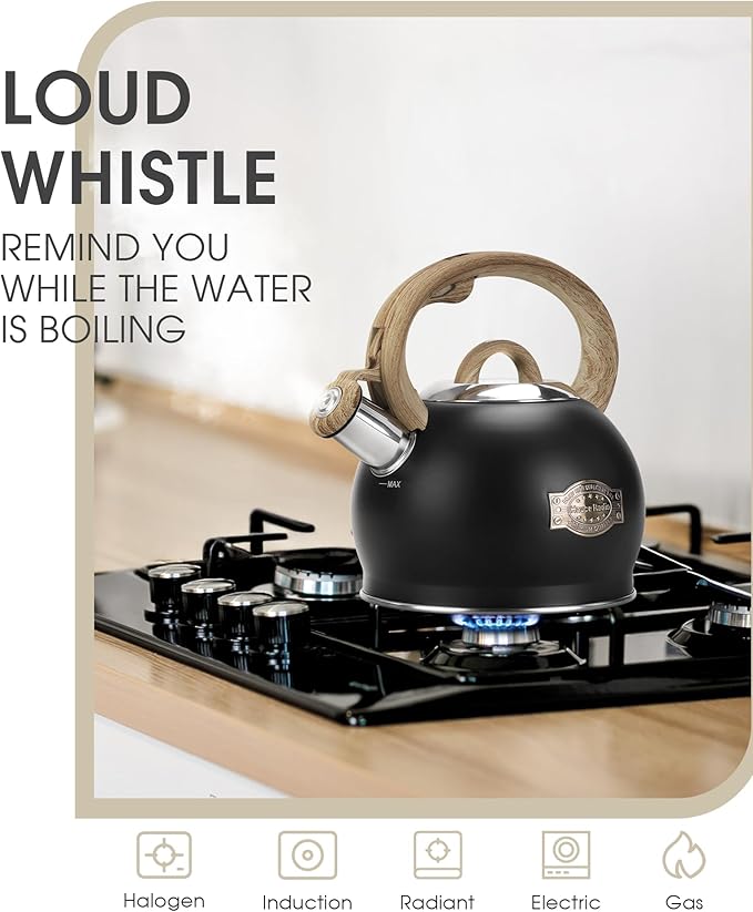 Hauce Radio Tea Kettle Stovetop, Black Tea Kettles-2.1 Quart Loud Whistle Stovetop Teapot,Food Grade Stainless Steel with Wood Pattern Handle, Unique Button Control Kettle Outlet for Tea, Coffee