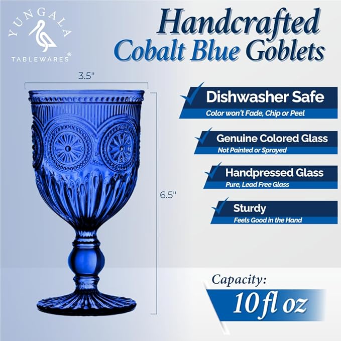 Yungala Cobalt Wine Glasses Set of 6 Goblets - Handcrafted Vintage Glassware with Sunflower Motif, Dishwasher Safe Cobalt Blue Glassware