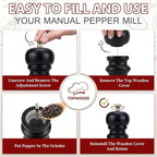 Salt and Pepper Grinder Set of 2, Manual Salt Mill & Pepper Mills with Adjustable Coarseness, Refillable Wood Spice Shakers, Kitchen Accessories for Chili, Sesame, Himalayan (Black and White)