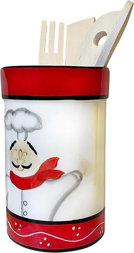 ACK Tuscany Colorful Plump Bistro Chef Hand Painted Ceramic Utensil Jar, Utensil Holder, Utensil Crock, Modern Kitchen Decor, Kitchen Storage for for Spoon, Ladle, Spatula and More