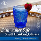 Cobalt Blue Glassware drinking glasses Set of 6, Handcrafted 8-Ounce Cups with Vintage Sunflower Pattern, Sturdy Lead-Free, Dishwasher Friendly blue drinking glasses with matching highball and goblets