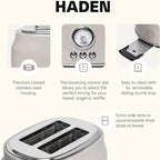 Haden Dorset 2 Slice Wide Slot Stainless Steel Toaster with Adjustable Browning Control & Non-Slip Feet, Putty & Chrome