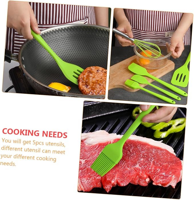 5pcs Silicone Utensil Kit Non-stick Cooking Gadgets Heat Resistant Egg Whisk and Baking Tools Set with Hanging for Kitchen Organization