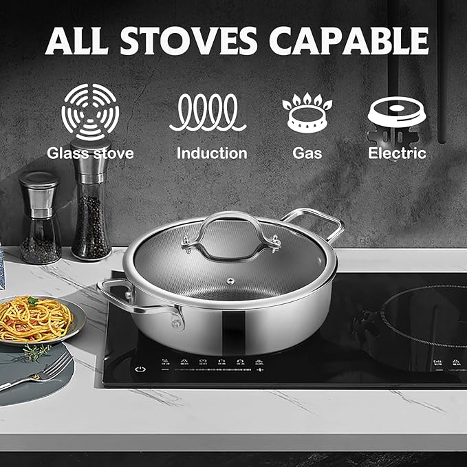 Saute Pan,Hybrid Non Stick 5 Quart Everyday Braiser pan,Chicken Fryer, PFOA Free Cookware,12 inch Deep Frying Pans with Lid,Dishwasher and Oven Safe,Works on Induction,Ceramic and Gas Cooktops